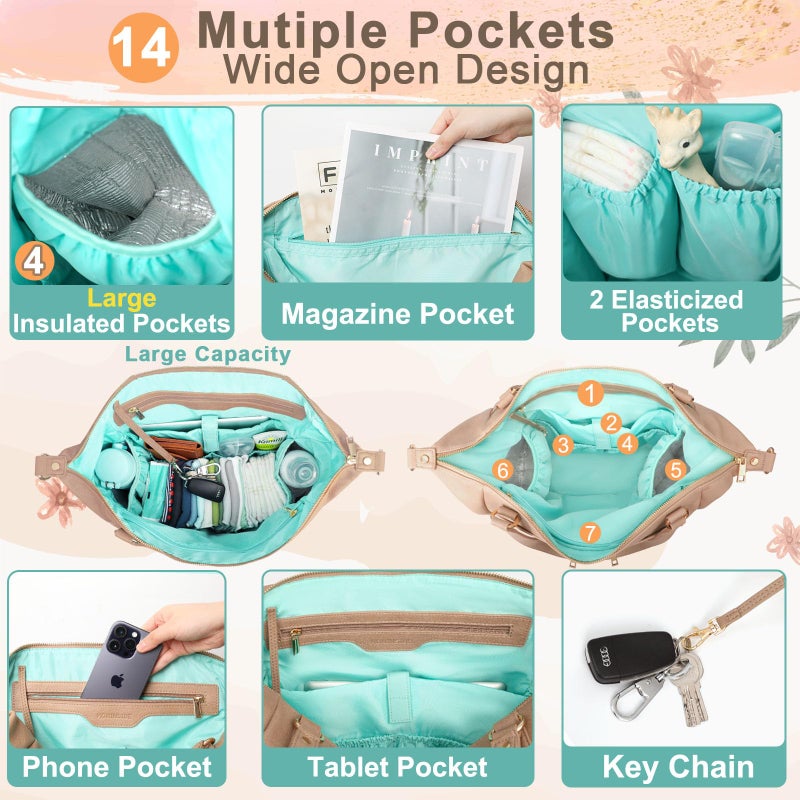 MOMINSIDE Diaper Bag Tote, Leather Diaper Bag Backpack with 14 Pockets, Convertible Baby Bag for Boys Girls, Baby Registry, Changing Pad, Large 4 Insulated Pockets (Camel) - Image 3